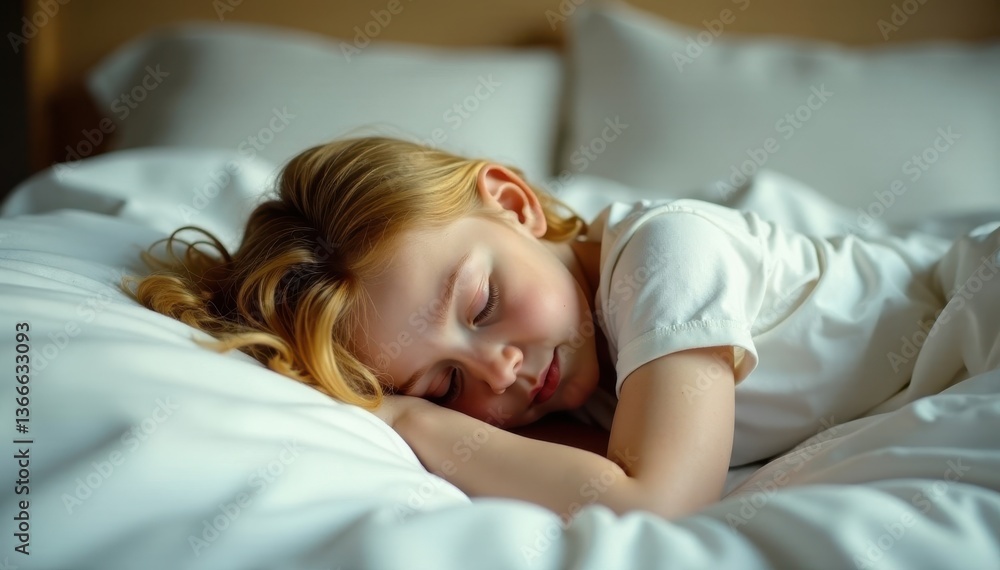 Golden locks splayed across white sheets, slumbering soundly , tranquil, light, bed Golden locks splayed across white sheets, slumbering soundly , tranquil, light, bed