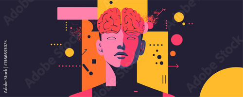 Abstract human head with brain, geometric shapes, and bold colors in modern art vector.