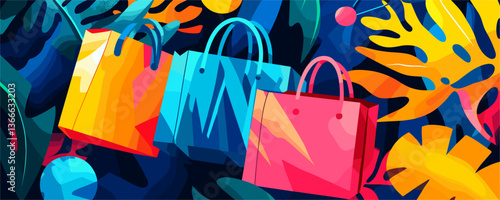 Colorful shopping bags and tropical leaves design vector