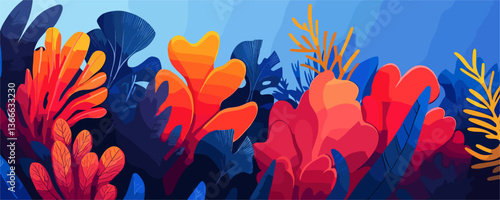 Vibrant abstract foliage with bold colors against blue background - vector