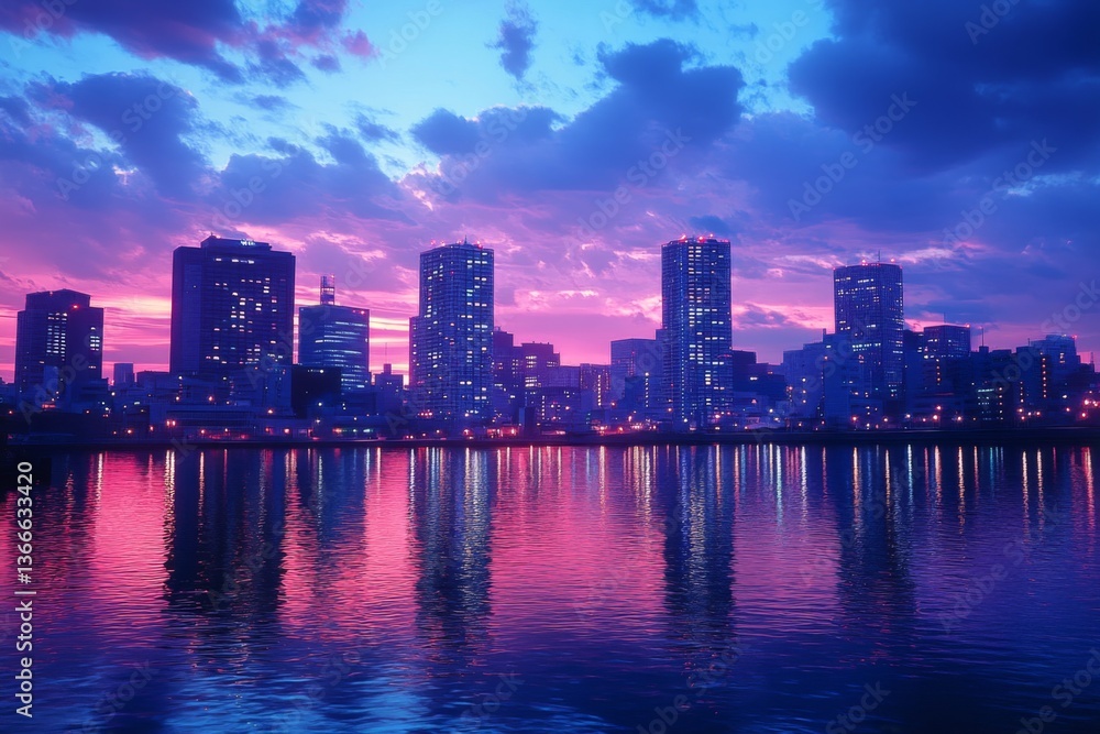 Naklejka premium Cityscape with colorful buildings reflected in calm water at dusk