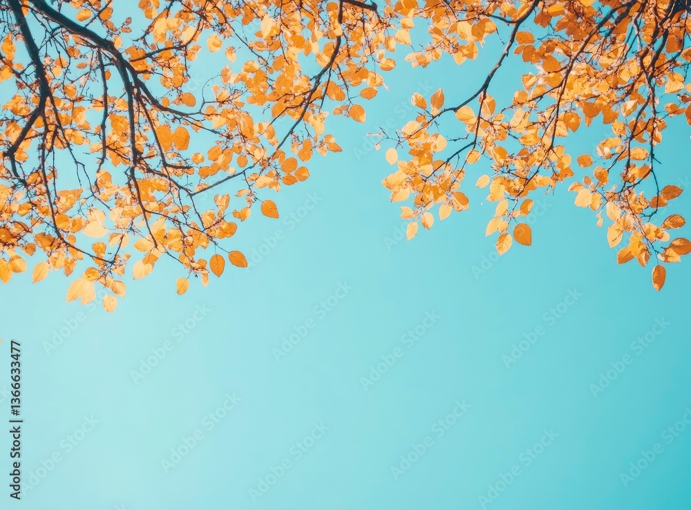 Fototapeta premium Looking Up at Autumn Leaves Against Clear Sky with Bright Sunlight