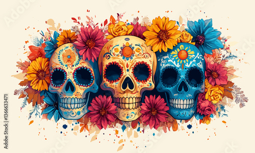 Vibrant sugar skulls with colorful flowers on light background, vector