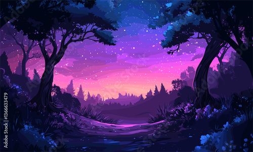 Enchanted forest night sky with starry sunset landscape vector