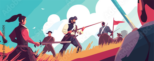 Historical battle scene with armed soldiers in dramatic landscape vector