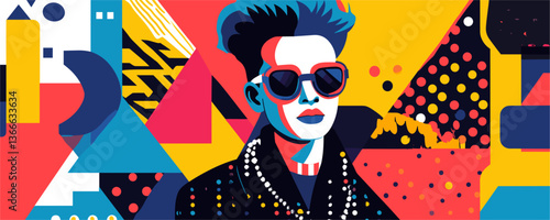 Vibrant abstract pop art with stylish sunglasses and geometric patterns - vector