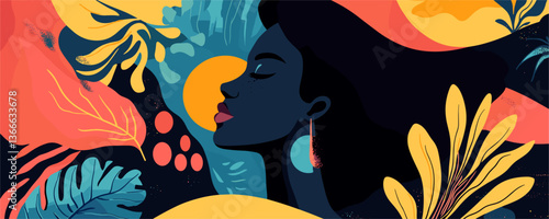 Colorful abstract art with woman and nature elements - vector