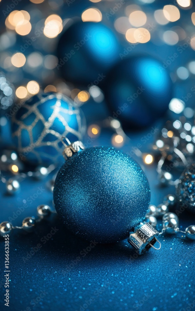 Festive Blue Christmas Ornaments with Bokeh Lights and Silver Garland Festive Blue Christmas Ornaments with Bokeh Lights and Silver Garland