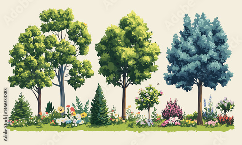 Lush green trees and colorful flowers in garden landscape design vector