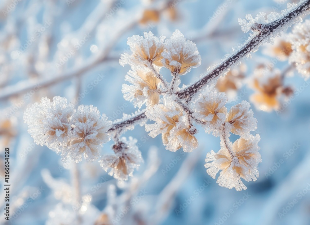 Icy Twig Branch with Frost and Soft Light in Winter Scenery Icy Twig Branch with Frost and Soft Light in Winter Scenery