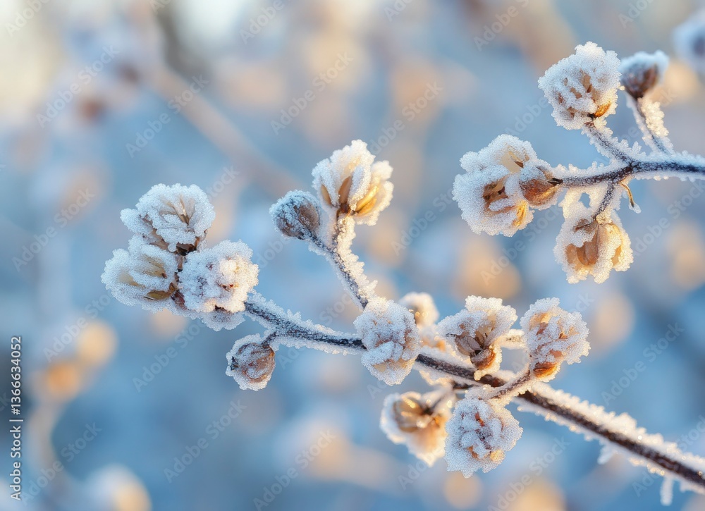 Icy Twig Branch with Frost and Soft Light in Winter Scenery Icy Twig Branch with Frost and Soft Light in Winter Scenery
