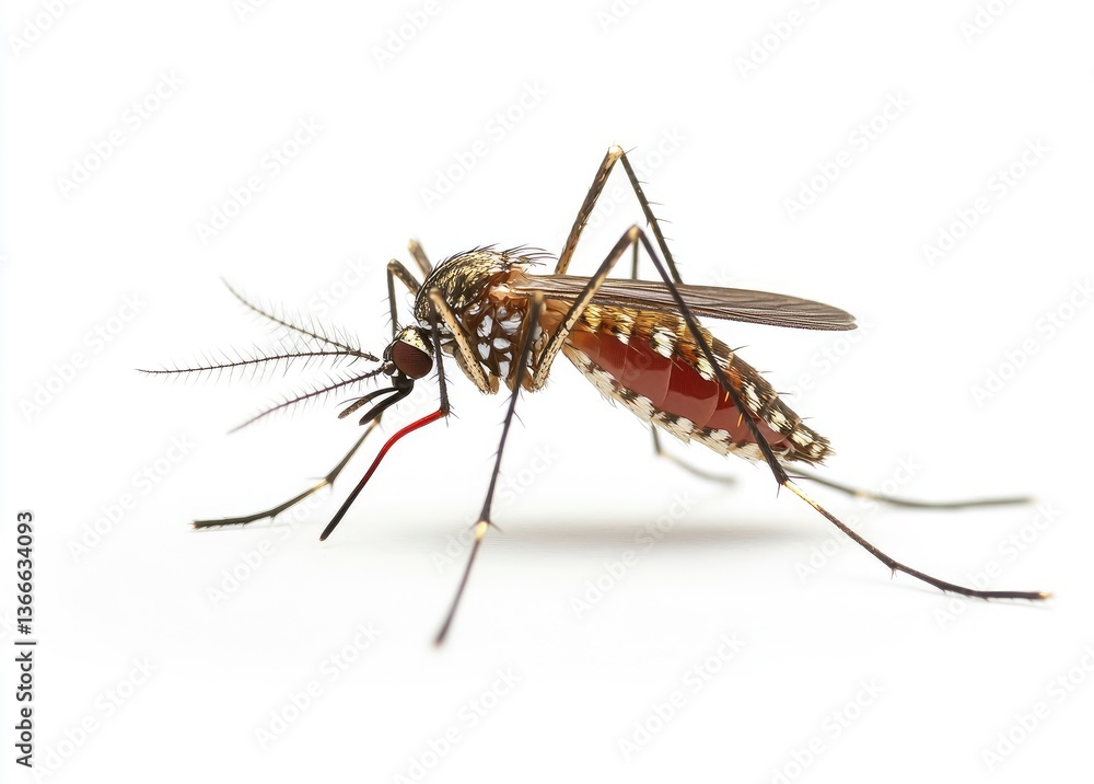 Close-up of Mosquito Feeding Shows Blood-filled Abdomen on White Background Close-up of Mosquito Feeding Shows Blood-filled Abdomen on White Background