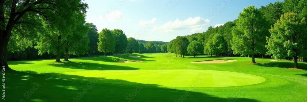 Naklejka premium Lush green golf course fairway, trees in background, perspective, environment, leisure