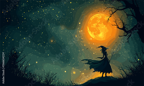 Witch silhouette under glowing moon in mystical forest night scene - vector