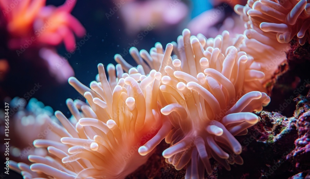 Close Up of Glowing Sea Anemone Underwater with Coral Reef Close Up of Glowing Sea Anemone Underwater with Coral Reef