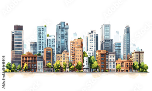 Urban cityscape with diverse architectural styles and green spaces - vector