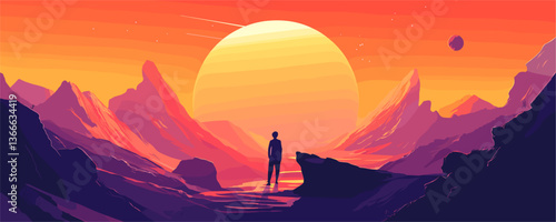 Silhouette in vibrant alien landscape at sunset - space exploration vector