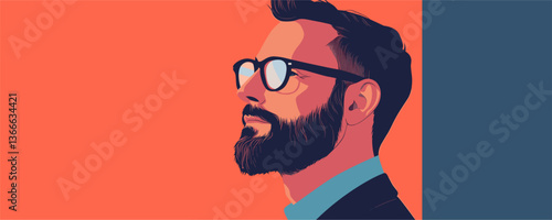 Bearded man in glasses with stylish haircut against colorful background, vector