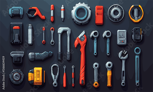 Colorful assorted hand tools collection on dark background, top view, vector