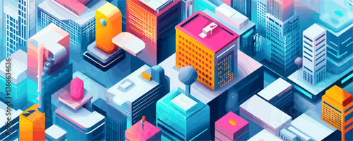 Futuristic cityscape with colorful skyscrapers and geometric architecture, vector