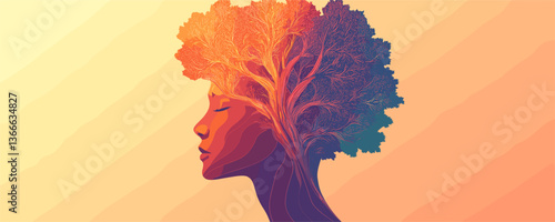 Silhouette of woman with tree hair in profile, nature concept, vector