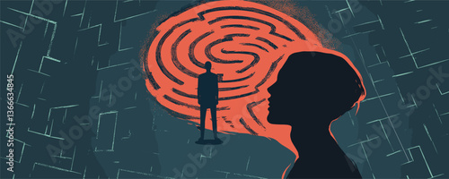 Silhouette and maze in dramatic contrast with person in center - conceptual art vector