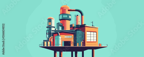 Futuristic industrial building on stilts with geometric design - vector