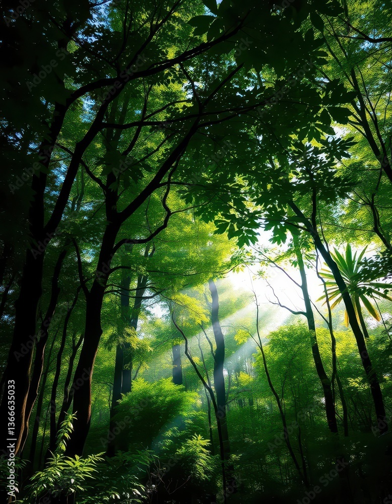 Fototapeta premium Lush green canopy, sunlight dappling forest floor, conservation, summer, leaves