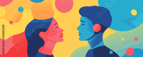 Colorful couple facing each other in abstract artistic style - vector