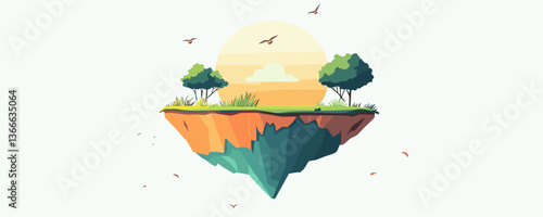 Floating island with trees and birds in the sunlight - vector