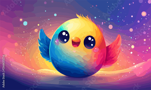 Cute colorful bird with big eyes in a dreamy gradient background - vector