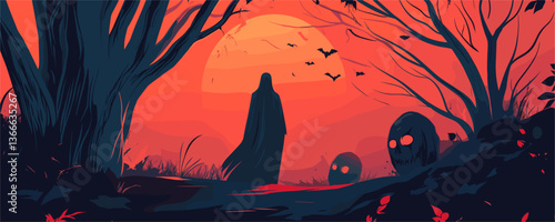 Mysterious hooded figure in spooky forest under full moon with bats - vector