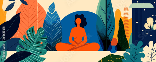 Meditative figure amid vibrant abstract foliage vector