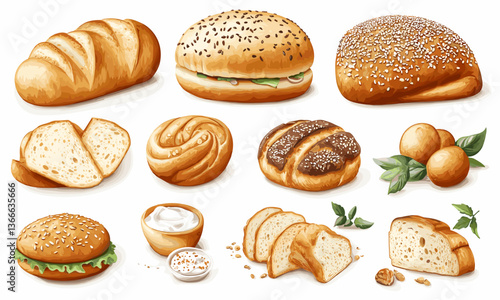Variety of freshly baked breads and pastries with herbs and spread vector