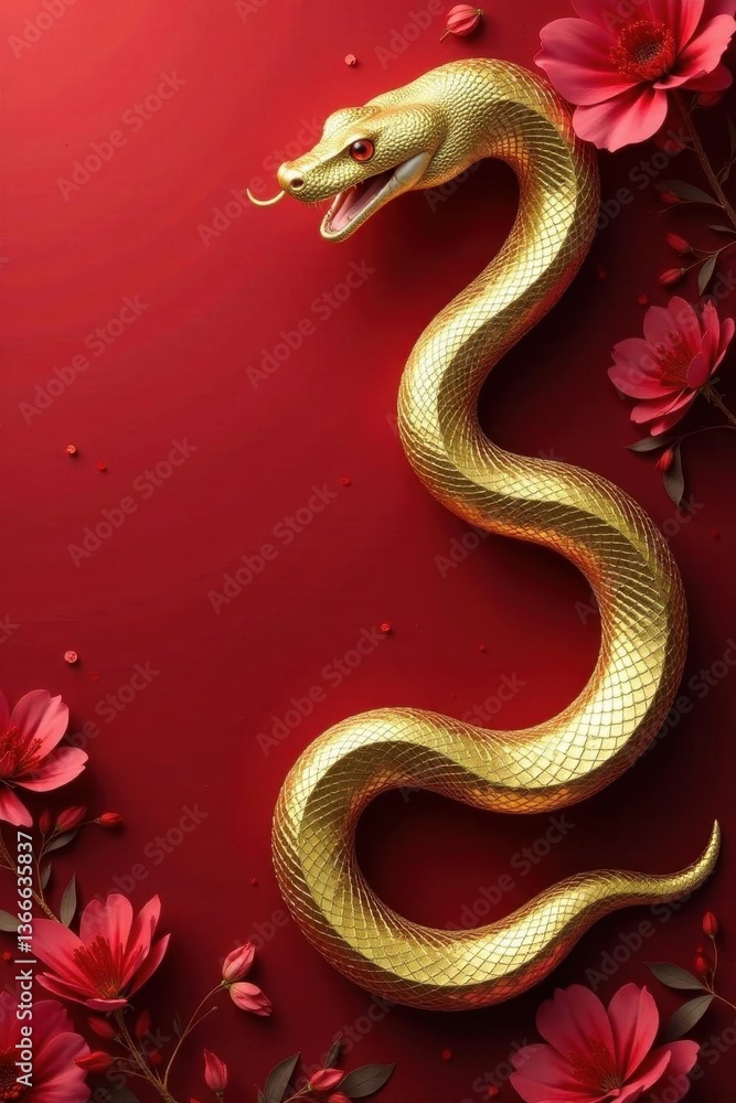Obraz premium Shiny gold serpent on crimson, floral backdrop, wildlife, element