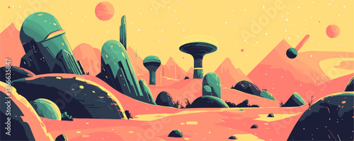 Futuristic alien landscape with colorful terrain and unique plants, vector