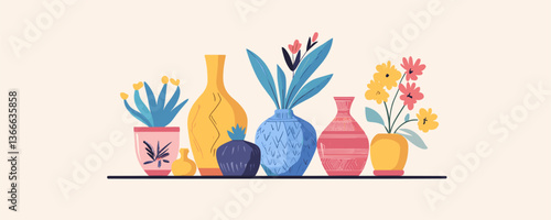 Colorful decorative vases with flowers on shelf - vector