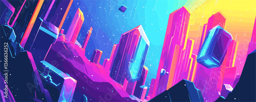 Futuristic neon landscape with floating crystals and mountains vector