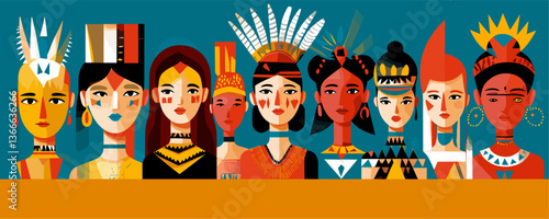 Diverse cultures: women in traditional attire with colorful faces - vector