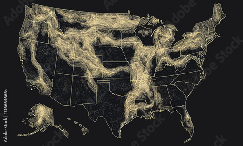 Dynamic u.s. wind patterns map on dark background, complex airflow design vector