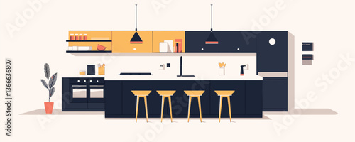 Modern minimalist kitchen design with bar stools and cabinets – vector