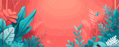 Tropical leaves border with coral background and gradient design, vector