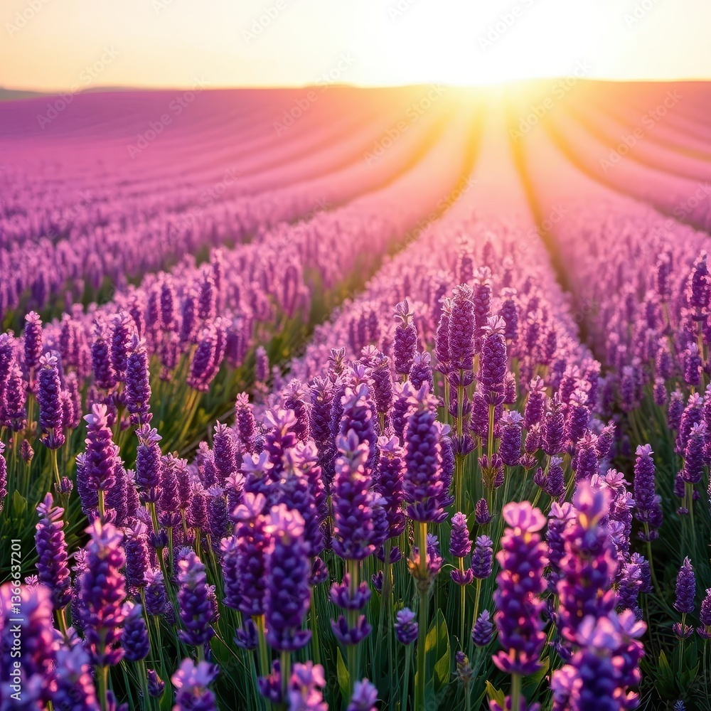 Obraz premium Vast purple lavender field in full bloom, sunlit rows, flowers, image