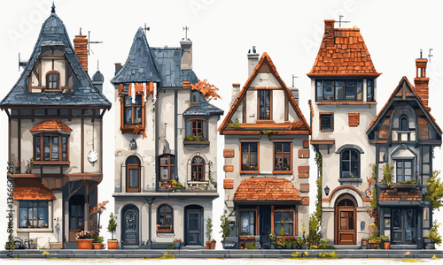 Colorful european village houses with unique architectural details, vector