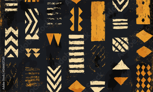 Abstract geometric pattern with tribal elements on dark background, vector