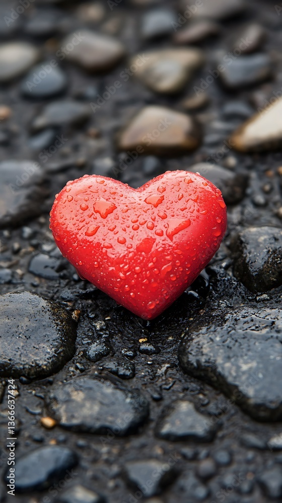 Obraz premium Wet Red Heart on Stones.