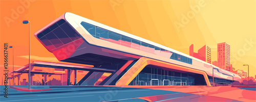 Futuristic building with sleek geometric architecture at sunset - vector