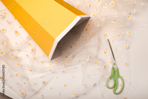 A bright yellow Schultüte (school cone) with golden decorations and scissors, symbolizing the excitement of a child’s first school day in Germany.