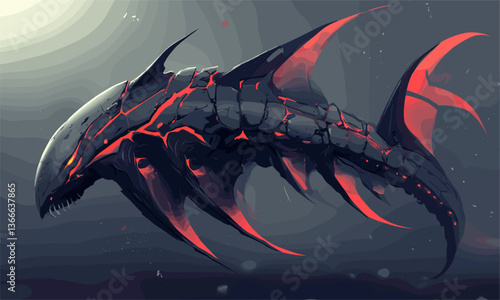 Futuristic biomechanical shark with red accents in underwater scene, vector
