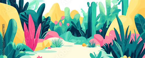 Vibrant desert oasis with colorful plants and succulents landscape vector